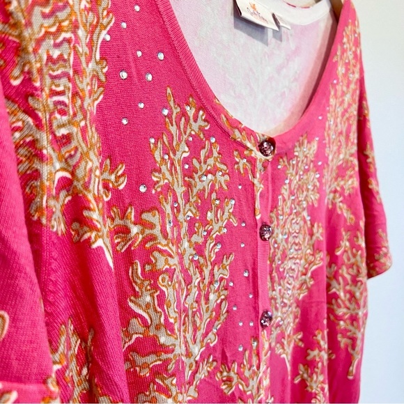 Quacker Factory Rhinestones Button Front Short Sleeve Cardigan Coral Orange XL - Picture 4 of 9